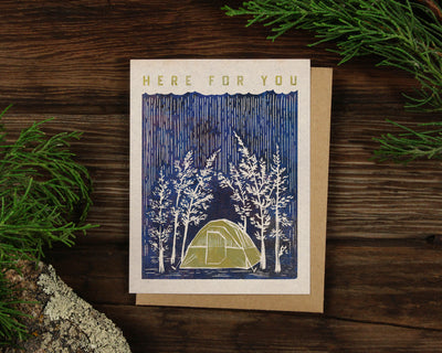 Here For You Handmade Greeting Card, Encouragement Card, Sympathy Card, Block Print Card, Nature-Themed Card, Tent in Forest Illustration, Earth Tones, Olive Green, Deep Blue, Just Because