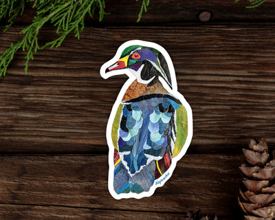 Handmade, Wood Duck, Collage, Paper Crafts, Nature-themed, watercolor texture, acrylic painting collage, rainbow, colorful duck, sticker for a bird lover, bird nerd, gift for a birder, process photo, waterfowl
