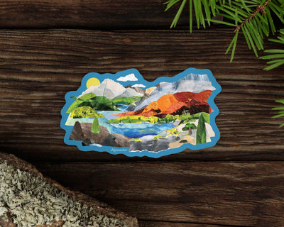 scenic mountain and river vinyl sticker, waterproof nature decal for water bottles, colorful mountain landscape sticker for hikers, unique outdoor adventure sticker for laptops, wilderness art sticker for camping gear, Crag and Current nature sticker, collage art, hand painted