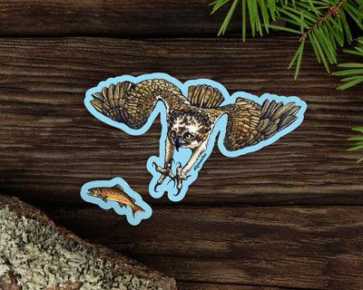 fishing, fly fishing, angler, outdoorsy wildlife decal, camping and fishing gear, birdwatching sticker, nature enthusiast, osprey catching fish sticker, trout and osprey decal, detailed raptor artwork sticker, bird hunting fish sticker, wildlife art vinyl, osprey and trout vinyl sticker for water bottles, realistic bird of prey sticker for laptops, fishing and angler gear decal with osprey design, waterproof wildlife sticker for outdoor adventures, osprey hunting fish nature decal, detailed raptor and trout